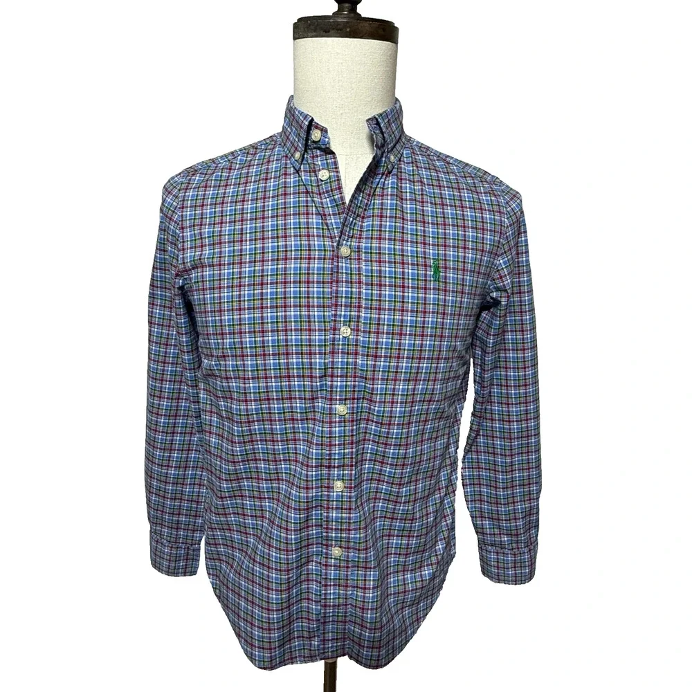 Ralph Lauren Shirt Boys Large 14-16 Blue Green Colorful Plaid Button Down Preppy